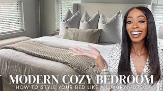 MODERN COZY BEDROOM  how to style your bed like a luxury hotel  affordable bedroom decor  2024