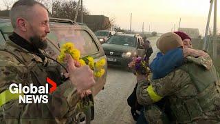 Kherson villagers cheer give flowers as Ukrainian soldiers arrive after Russian withdrawal