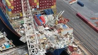 Drone at Dali in Baltimore. Resolve works to clear the ship of Key Bridge debris after the Collapse