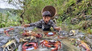 The orphan boys joy when he caught a big stone crab to cook  Nam - poor boy