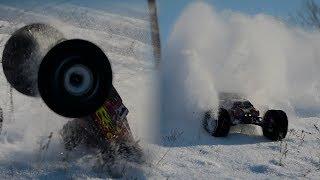 Powerful tuning rc car in winter.  Four wheel drive 4x4.  The first snow