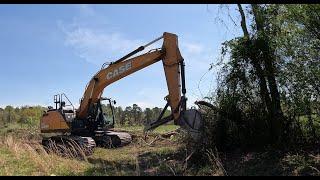 Awesome Operator Fence Row Clean Up and Tree Removal with a Case CX210D Excavator