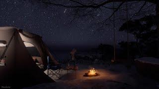 Camping On A Starry Winter Night With Shooting Stars  Crackling Fire Owls Wave Sounds