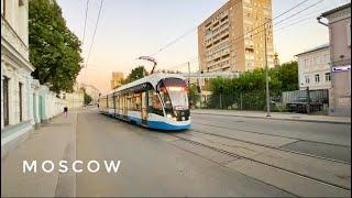 Evening walk in Moscow. Trams and old houses