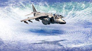 Eine US-amerikanische AV-8B Harrier II zeigt ihre unglaubliche vertikale Fähigkeit über Wasser