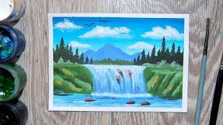 Как нарисовать водопад гуашью