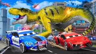 Dinosaur Attack on Cars Giant T-Rex Destroys City  Monster Trucks Police Cars Rescue Compilation