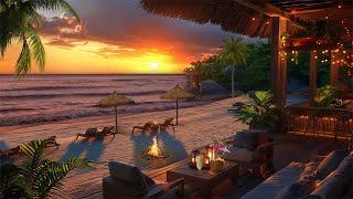 Breathtaking Grand Tropical Beach Sunset  Ocean Waves Crashing Over Rocks & Cozy Fireplace Sound