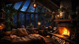 Thunderstorm with Lightning Rain Crackling Fireplace & Sleeping Cats in a Cozy Cabin