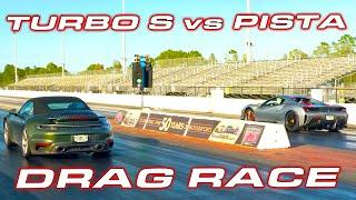 Ferrari F8 and Porsche 992 Turbo S vs Ferrari Pista 14 Mile Drag Races
