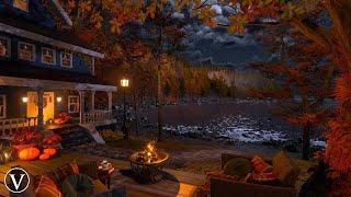 Autumn Lakeside Cottage  Night Ambience  Windchimes Lakeshore Firepit & Forest Nature Sounds