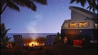 Campfire by the Sea Ambience  Crackling Fire Ocean Waves & Crickets Sounds