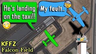 Bonanza nearly lands on taxiway at Falcon Field AZ  Cessna GIVES WARNING