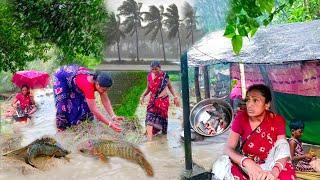 Village Life - Its Always Raining। Morning Routine In Heavy Rain Fish Catching।Cooking Village Food