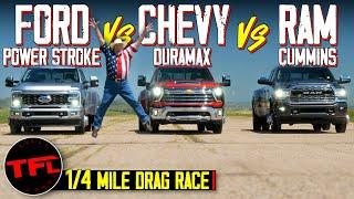 Ford vs Chevy vs Ram XXL Diesel Dually Drag Race Which of These Huge HD Trucks Is the Fastest?