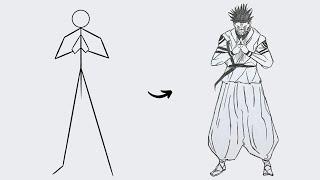 How to draw Ryomen Sukuna Full Body out of Stick Man  Easy Step by Step