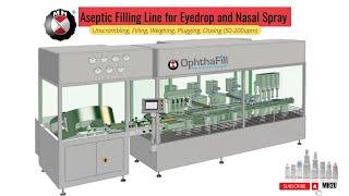 Aseptic Filling line for Eyedrop and Nasal Spray Unscrambling Filling Weighing Plugging Closing.