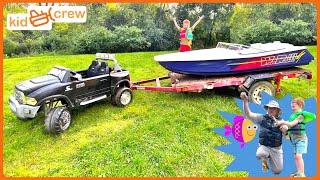 Boating and fishing adventure with kids ride on boat. Educational how to fish  Kid Crew