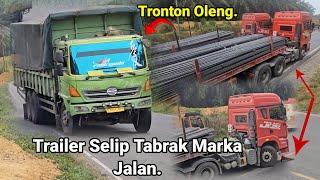 Truck Trailer Selip Tabrak Marka Jalan Bukit Kodok.Truck Tronton Oleng Menanjak Truk Mundur Kencang.