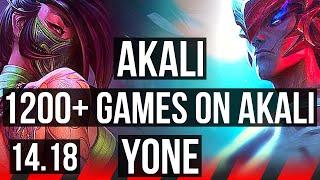 AKALI vs YONE TOP  Legendary 1200+ games  EUW Master  14.18