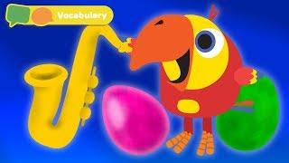 Baby First Words w Larry The Bird - musical instruments   Toddler Learning Video  First University