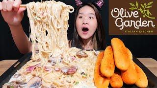 INSANELY CREAMY CARBONARA MUKBANG Olive Garden Copycat Carbonara Recipe - Cooking & Eating ASMR