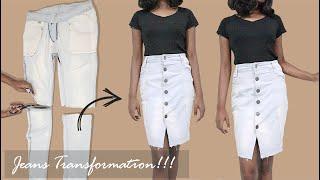 DIY Old Jeans into Skirt  How to turn Jeans into Skirt  How to make Skirt out of Jeans