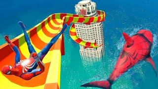 GTA 5 WATER SLIDES  Spiderman vs Spider Shark  Water Ragdolls Euphoria Physics