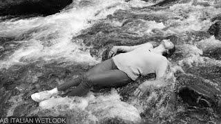 Wetlook - Leyla in river with white&pink Nike jeans and sweater