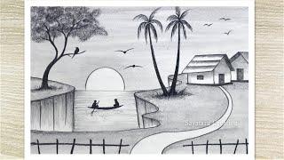 Beautiful Sunset Nature Drawing with Pencil Sketch Pencil Drawing for Beginners