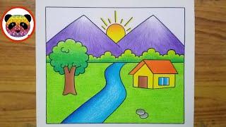 Scenery Drawing  How to Draw Beautiful Landscape Scenery  Village Scenery Drawing Easy  Scenery