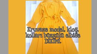 Kruvaze model kolları büzgülü kloş elbise dikimi.