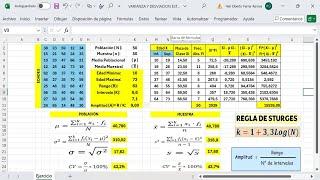 Medidas de Dispersión Para Datos Agrupados en Intervalos en Excel- Población y Muestra µ x̅ σ2 S2 