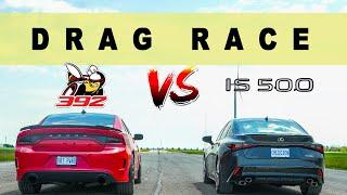 2022 Lexus IS500 vs Dodge Charger 392 last V8 sedans battle. Drag and Roll Race.