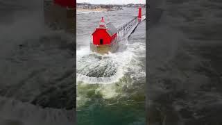 Monster Waves Crash Over Grand Haven Lighthouse #droneshots #newvideo #shorts