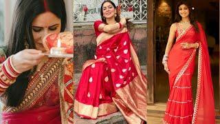 Red Saree Ideas for Newly married Girls - Red Banarasi silk Saree Jewellery and Hairstyle ideas