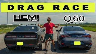 Challenger RT 5.7 takes on Infiniti Q60 3.0T one gets walked bad Drag and Roll Race.