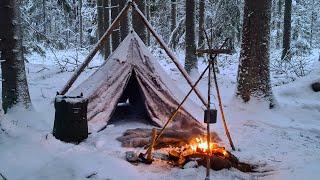 Winter Wild Camping and Hiking in Snow - Canvas Lavvu - Adjustable Bushcraft Pot Hanger- Ice Fishing
