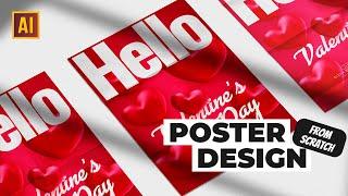 CREATE A POSTER FOR VALENTINES DAY WITH 3D HEARTS. TREND 2024  TUTORIAL IN ADOBE ILLUSTRATOR