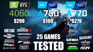 RTX 4060 8GB vs ARC A750 8GB vs ARC A770 16GB  R9 - 7950X3D  1080p - 25 Games Tested