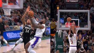 Antetokounmpo and Lopez back to back block on Lebron and AD 