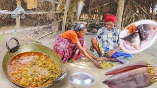 HOW ROHU FISH HEAD and BANANA FLOWER CURRY cooking & eating by our santali grandma