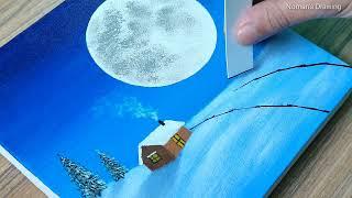 Easy Winter Snowfall Painting For Beginners  Full Moon Acrylic Painting - Step by Step