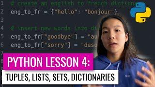 Lists Tuples Sets Dictionaries  Python for Beginners Lesson 4  Code with Kylie