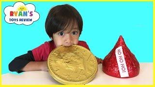 GIANT CHOCOLATE CANDY taste test Hersheys Kiss Gold Coins Peanut Butter Cups Candy Review