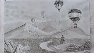 How to draw hot air balloon scenery.