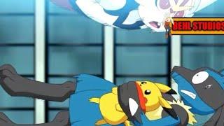 Pokemon Journeys Cinderace And LucarioFlying Over Bulidings.
