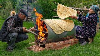 ️ Traditional Lavash Bread Baking Bread on a Barrel Over Wood Fire