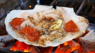 Japanese Street Food - OSAKA SEAFOOD Giant Scallops Oysters Sea Urchin Japan