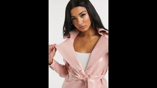 Vinyl belted longline jacket in pink